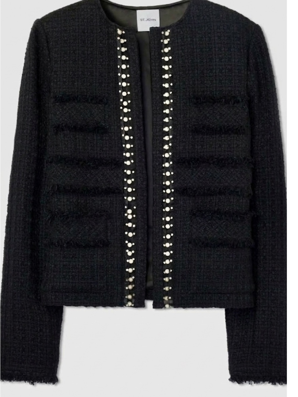 St. John Black Tweed Jacket with Pearl Trim